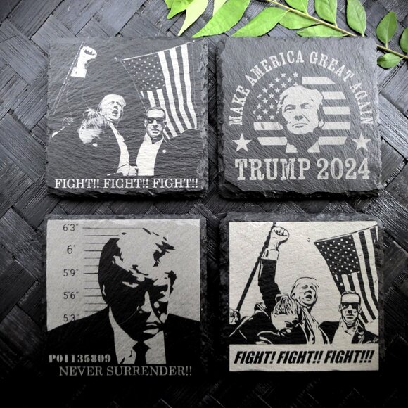 Donald Trump 2024 July 13 Assassination FIGHT Never Surrender Slate Coaster Set - Picture 11 of 15